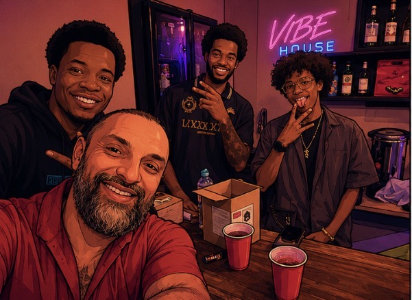 Vibe House owners and friends behind the bar